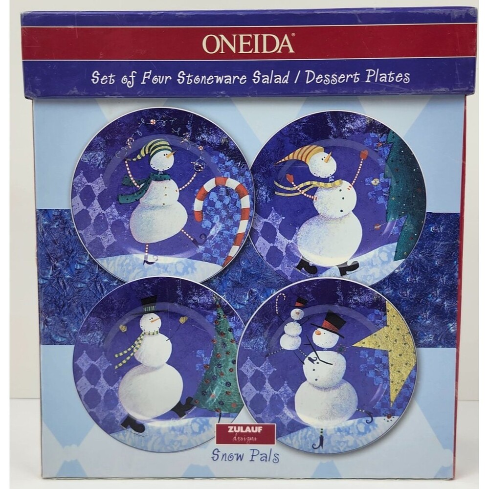 Oneida Snow Pals Christmas Stoneware Salad Dessert Plates Set of 4 Snowman